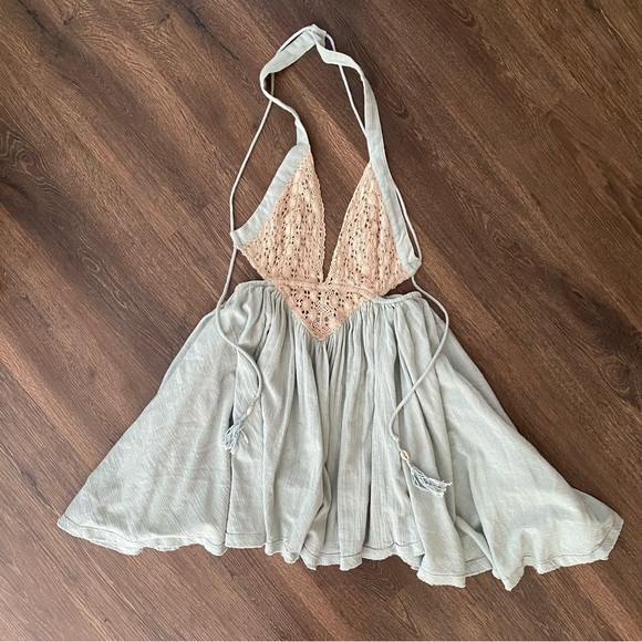 Free People Seafoam Green Blue Crochet Trapeze Asymetrical Mini Dress XS - Picture 9 of 13